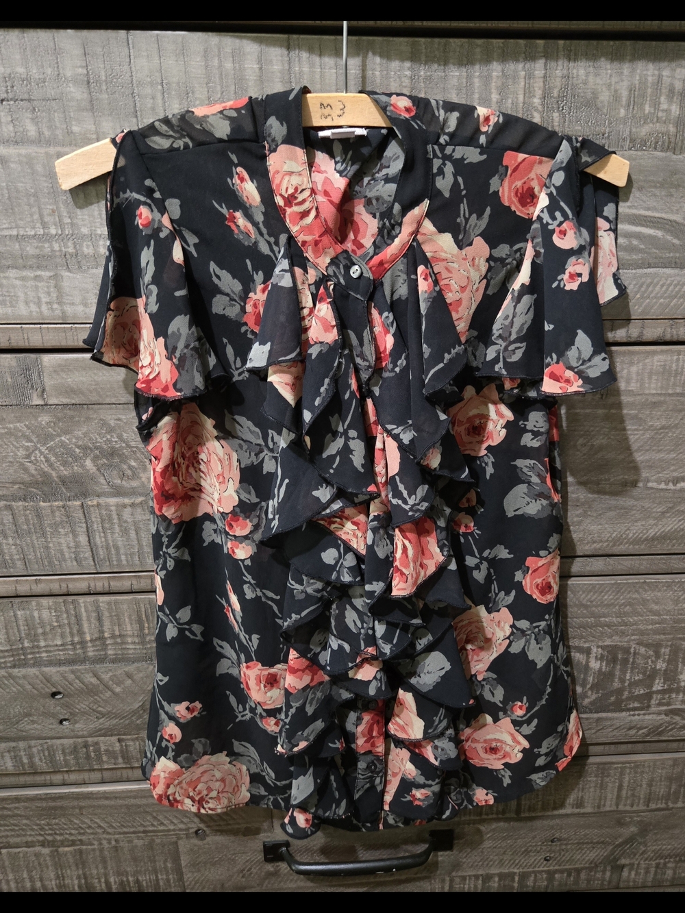 Converse Black Floral Ruffle Tie-Neck Blouse Pink Rose